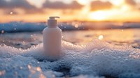 White cosmetic bottle on snowy surface against golden sunset sky with bokeh lights and sparkles creates magical winter skincare atmosphere.