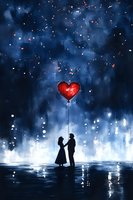 Romantic couple silhouette holding red heart balloon against starry night sky with glowing lights and reflections on water surface. Dreamy atmosphere for Valentine's day.