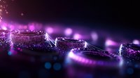 Glowing purple liquid splash with dynamic motion and light effects against dark background, creating dramatic macro photography effect with bokeh elements.