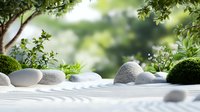Tranquil zen garden with smooth stones and moss spheres arranged in raked white sand, creating peaceful lines against soft natural bokeh background.