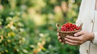 Red currants in wicker basket held by person wearing white sweater against blurred green garden background. Fresh berries harvesting.