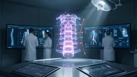 Medical professionals analyzing holographic spine model in futuristic operating room with advanced diagnostic technology and surgical lighting equipment.