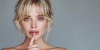 Young blonde woman with finger on lips in thoughtful pose against neutral gray background, conveying secrecy or contemplation.