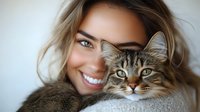 Young blonde woman smiling while cuddling adorable tabby kitten with striking green eyes in cozy indoor setting for pet care and companionship concepts.