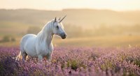 Majestic white unicorn standing in blooming lavender field during golden hour sunset with mountains in background creating magical fantasy landscape scene.