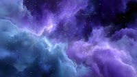 Dramatic cosmic nebula with vibrant purple and blue colors swirling through starlit space, creating ethereal celestial clouds against dark background.