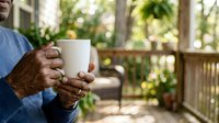 Senior man with dark skin holding white mug on sunny porch with green plants and wooden railing. Relaxation and morning beverage concept for lifestyle and wellness content.