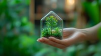Small green tree growing inside glass house shape held in palm of hand against blurred natural background, representing environmental conservation and growth.
