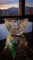Crystal cut glass bowl on a reflective granite surface with a dramatic sunset mountain view through a window casting colorful light refractions.