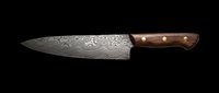 Damascus steel chef knife with ornate etched blade and wooden handle, isolated on transparent background. Ready for culinary design, kitchen product mockups, cooking blogs, restaurant branding, and print-on-demand merchandise.