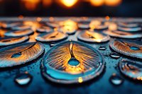 Glowing golden peacock feathers with water drops on dark blue background create dramatic contrast and ethereal atmosphere in macro photography.