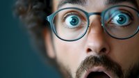 Close up portrait of surprised young Caucasian man with beard and glasses showing shocked facial expression with wide open blue eyes against dark background.