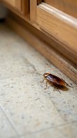 Brown cockroach crawling on kitchen floor near wooden cabinet base for pest control and home hygiene concepts.