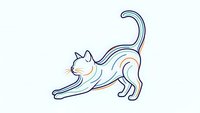 Cute white cat stretching in playful pose with colorful outline on light background for pet lover designs and animal themed projects.