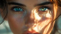 Close up portrait of young woman with striking multicolored eyes in dramatic sunlight creating shadow patterns across face, artistic beauty photography.