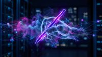 Futuristic neon lightning bolt with purple and blue electric energy effects on dark background for digital art and sci-fi designs.