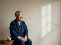 Senior Asian man in casual navy blue shirt sitting peacefully by window with natural light, contemplative portrait for wellness, lifestyle and aging themes.