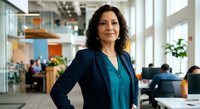 Confident female professional with dark curly hair and South Asian ethnicity wearing navy blazer and teal blouse in modern office environment with colleagues working at desks.
