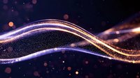 Glowing wavy lines with sparkles and bokeh effects on dark background create magical abstract light trails in purple and golden colors.
