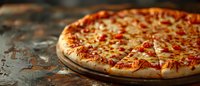 Fresh baked cheese pizza with melted mozzarella and tomato sauce on rustic dark background, selective focus on crispy crust. Food photography.