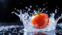 Fresh red tomato with water splash and droplets creating dynamic crown effect against dark background, dramatic food photography with high-speed capture.