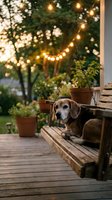 Senior brown dog resting on wooden bench in evening garden with warm string lights, potted plants, and trees. Peaceful outdoor setting for relaxation and pet companionship themes.