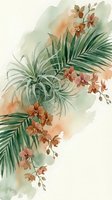 Watercolor tropical composition with palm leaves, air plants and orchid flowers on soft pastel background for botanical wall art and home decor projects.