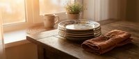Rustic wooden table with stacked ceramic plates, folded terracotta linen napkins, and ceramic pitcher near sunlit window for dining and home decor styling.