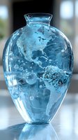 Glass vase with world map design featuring North and South America continents, rendered in translucent blue crystal with water bubble effects and reflective surface.