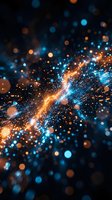 Abstract digital particles flowing in golden and cyan light streams across dark background, representing data transfer, technology, and energy movement for tech and innovation concepts.