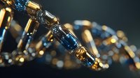 Futuristic DNA strand with gold and blue metallic capsules on dark background, representing genetic engineering and biotechnology advancement.