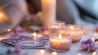 Glowing candles in decorative holders alongside tarot cards and delicate pink cherry blossoms create mystical atmosphere for spiritual readings and divination practices.