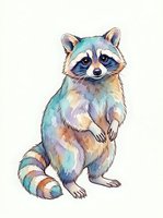 Watercolor raccoon with vibrant pastel colors standing upright on white background, isolated artwork suitable for children's designs, apparel, and creative projects.