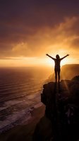 Woman silhouette with raised arms celebrating freedom on cliff edge during golden sunset over ocean waves creating inspirational achievement moment.