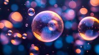 Magical soap bubbles floating in dark space with vibrant orange and blue bokeh lights creating dreamy atmospheric effect. Macro photography captures transparent spheres.