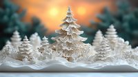 Miniature white Christmas trees in snowy winter landscape with warm golden sunset background creating magical holiday atmosphere for seasonal decorations.