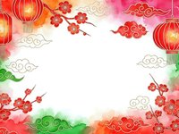 Traditional Chinese New Year frame with red lanterns, plum blossoms, clouds and colorful watercolor border for festive greeting cards and celebrations.