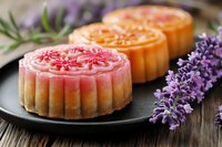 Traditional Chinese mooncakes with colorful fruit fillings arranged on dark plate with fresh lavender sprigs on rustic wooden background for festive celebrations.