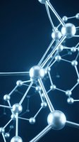 Molecular structure model with connected atoms and bonds on dark blue background for scientific research and chemistry education presentations.