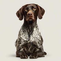 German Shorthaired Pointer dog with distinctive brown head and speckled white chest sitting against neutral beige background, perfect for pet care advertising.