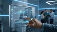 Professional businessman touching interactive digital dashboard displaying financial charts and analytics in modern office environment.