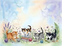 Adorable kittens playing in garden with yarn balls, books and wildflowers on watercolor background for nursery decor and children designs.