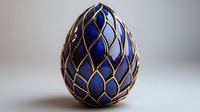 Decorative royal blue egg with intricate golden lattice pattern on gray background. Luxury Easter ornament featuring metallic geometric design and elegant craftsmanship.