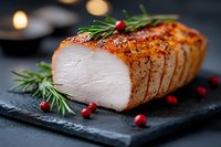 Sliced roasted turkey breast with herbs and cranberries on black stone plate. Juicy meat seasoned with spices and rosemary sprigs creates appetizing holiday meal.