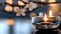 Glowing candle in glass holder with white cherry blossom branch, creating peaceful spa atmosphere against blurred bokeh background. Wellness concept.