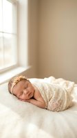 Peaceful newborn baby girl sleeping wrapped in cream lace swaddle with floral headband by sunny window on soft white blanket for portrait photography.