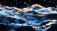 Abstract digital waves with glowing particles and bokeh lights creating dynamic flowing motion against dark background for modern technology designs.