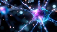 Glowing neuron cell with electric synapses and neural connections in dark space. Medical science illustration for neurology research and brain studies.