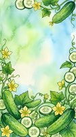 Watercolor garden frame with fresh cucumbers, yellow flowers, and sliced vegetables on soft green and blue background, perfect for recipe cards, cooking blogs, and food-related designs.