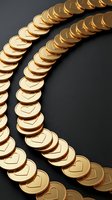 Golden heart-shaped medals arranged in curved lines on dark background, symbolizing achievement, success, and recognition for awards, competitions, and celebration concepts.